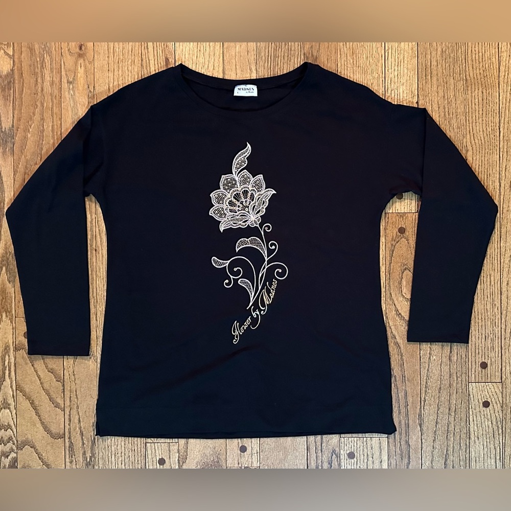 Women’s Long-Sleeved Black T-Shirt With Gold Flower Design, Size Medium